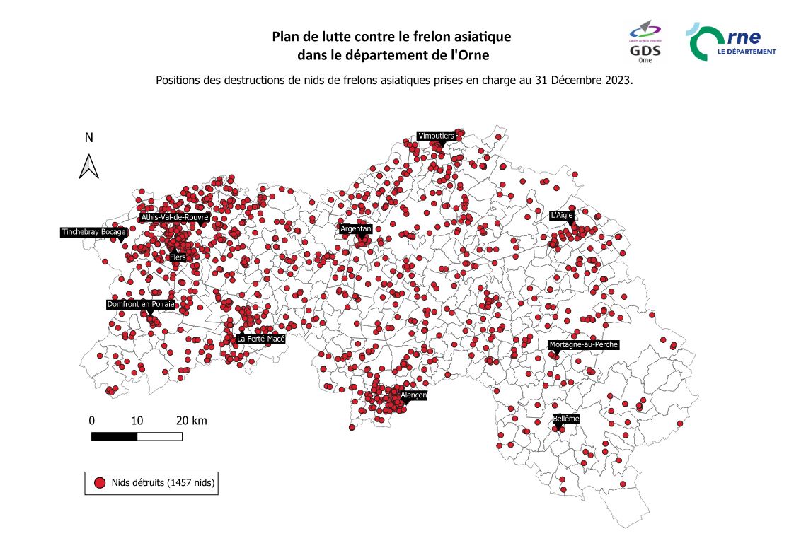 Carte de répartition des destructions de nids de frelons asiatiques dans l'Orne en 2023